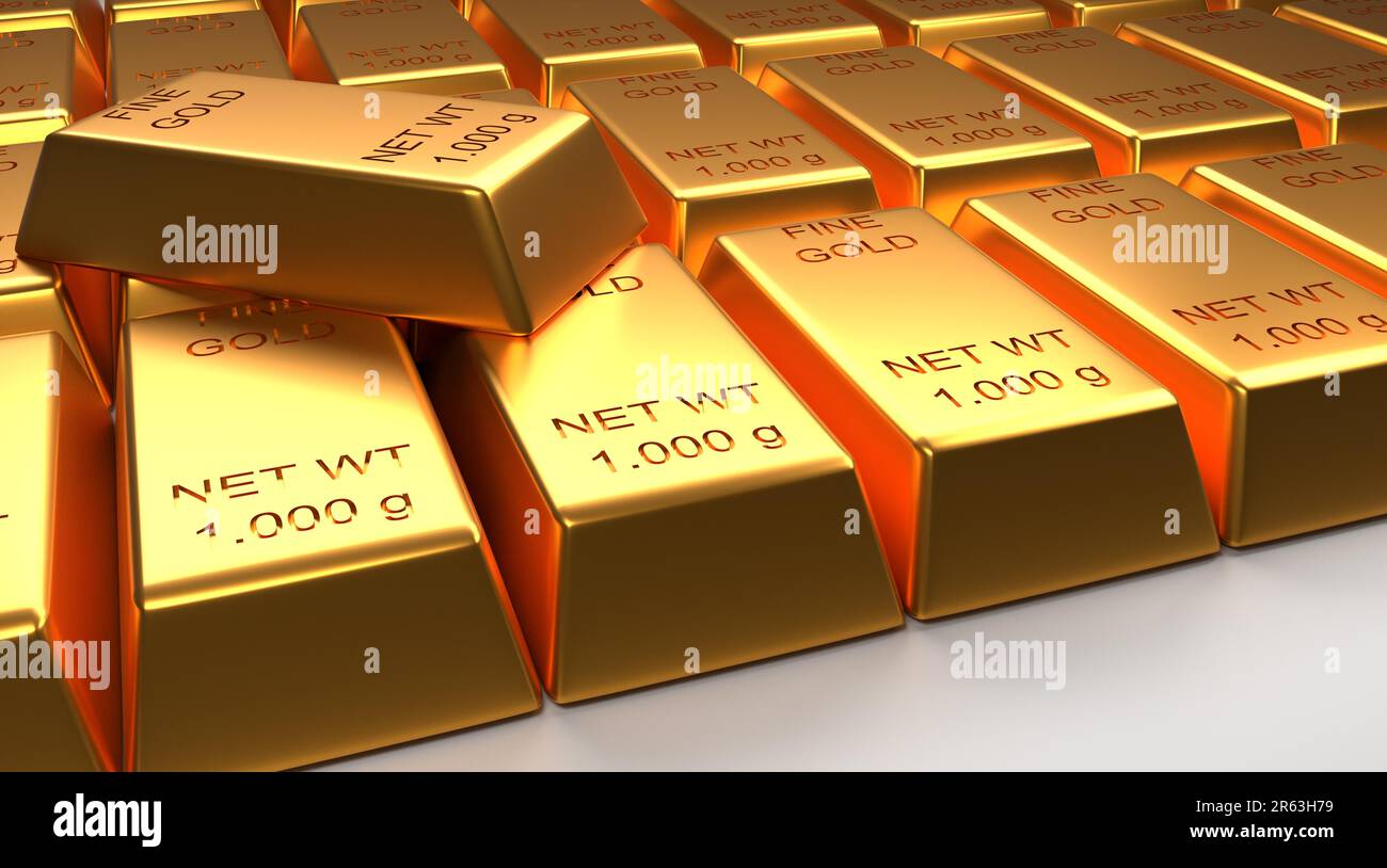 Stacked fine gold bars on a bright background, 3d rendering, financial ...