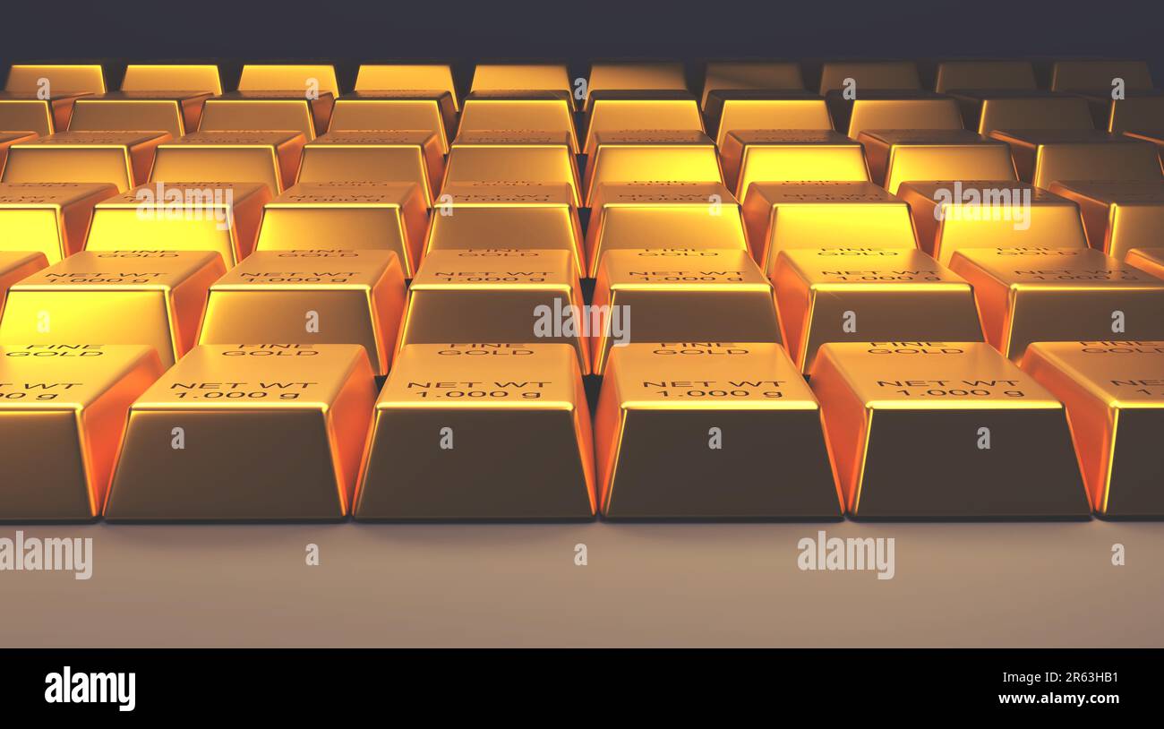 Stacked fine gold bars on a dark background, 3d rendering, financial concept Stock Photo