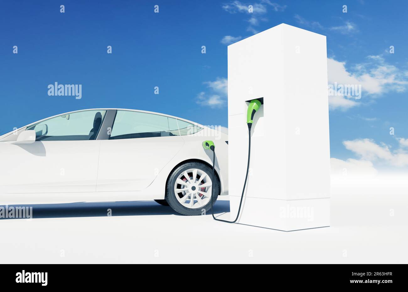 White electric car charges at a charging station, zero emissions