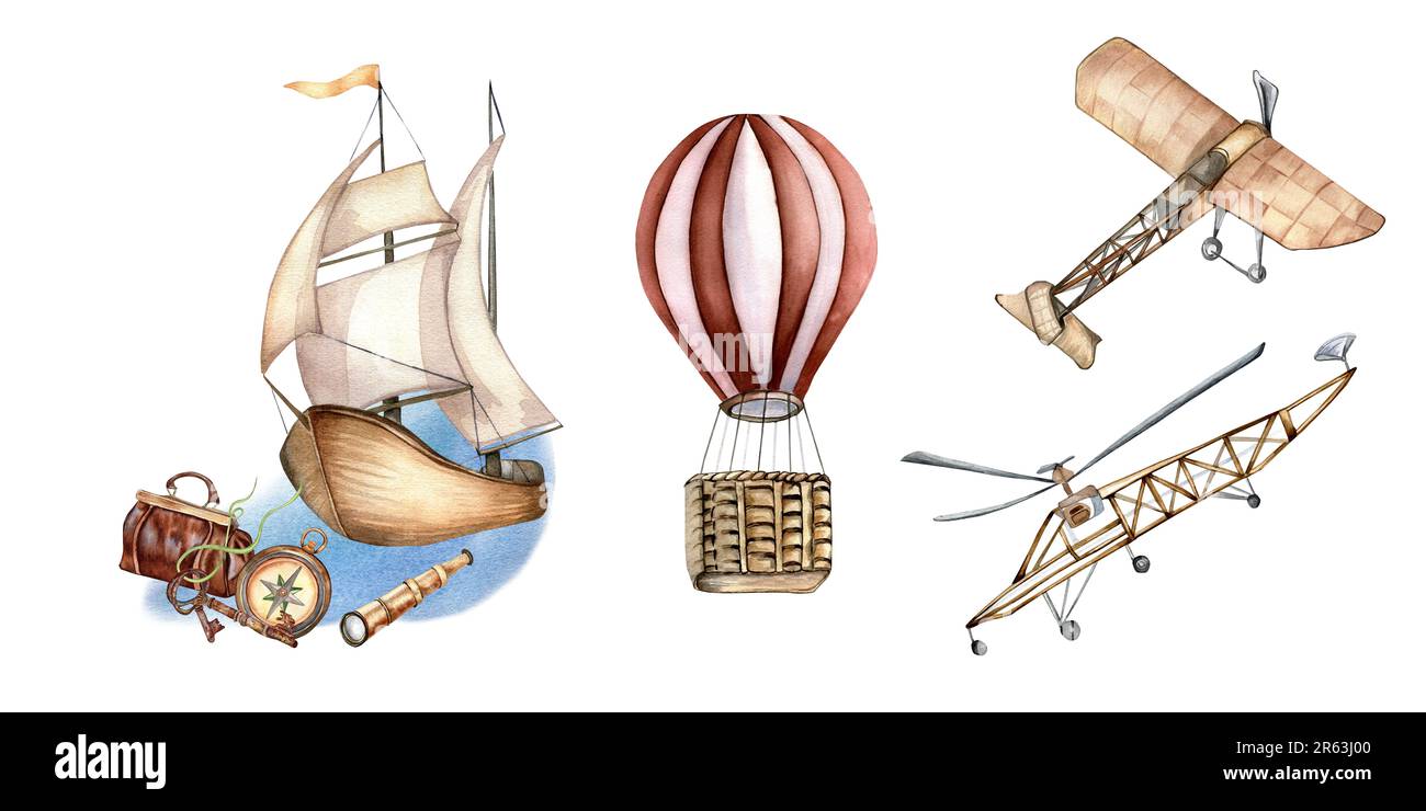 composition of sailing ship hot air balloon watercolor illustration isolated on white spyglass airplane carpet bag waterscape hand drawn childis 2R63J00