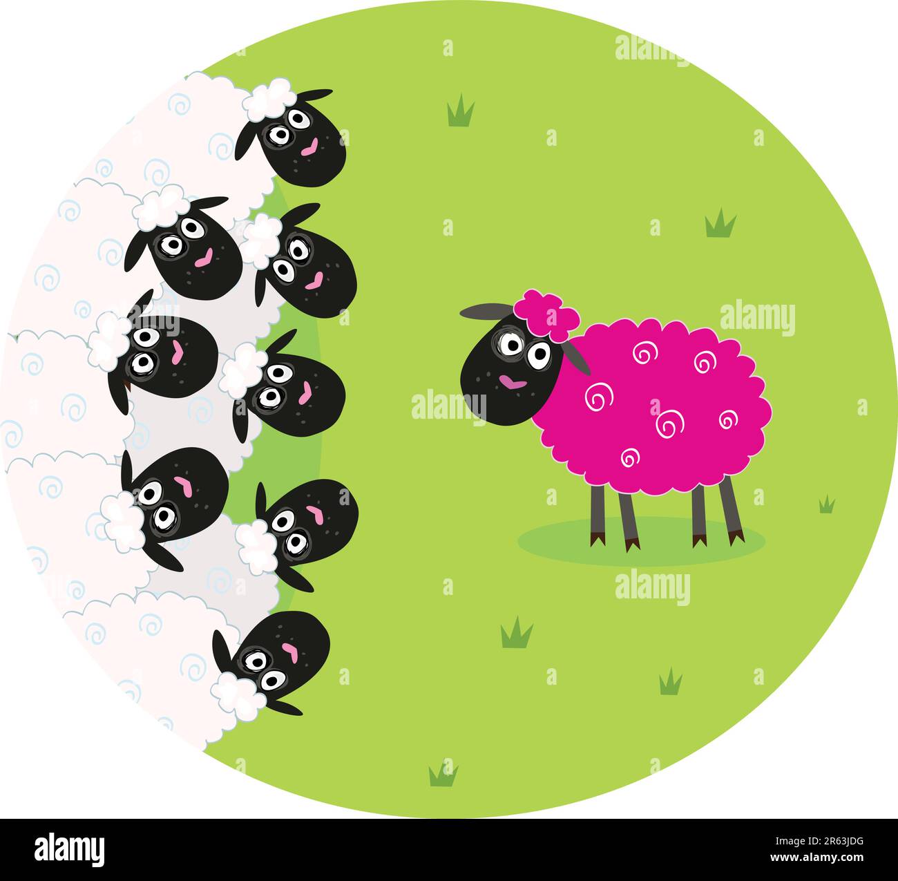 Stylized vector illustration of sheep family. The pink sheep is different and is standing alone. New hair color or genetic modification? Stock Vector