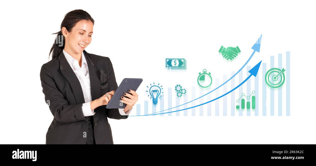 Businesswoman in suit touching on tablet computer monitor. Startup ...