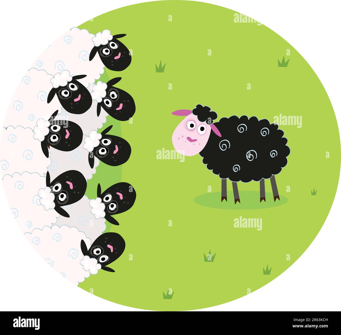Stylized vector illustration of sheep family. The black sheep is different and is standing alone. Vector Illustration. Stock Vector