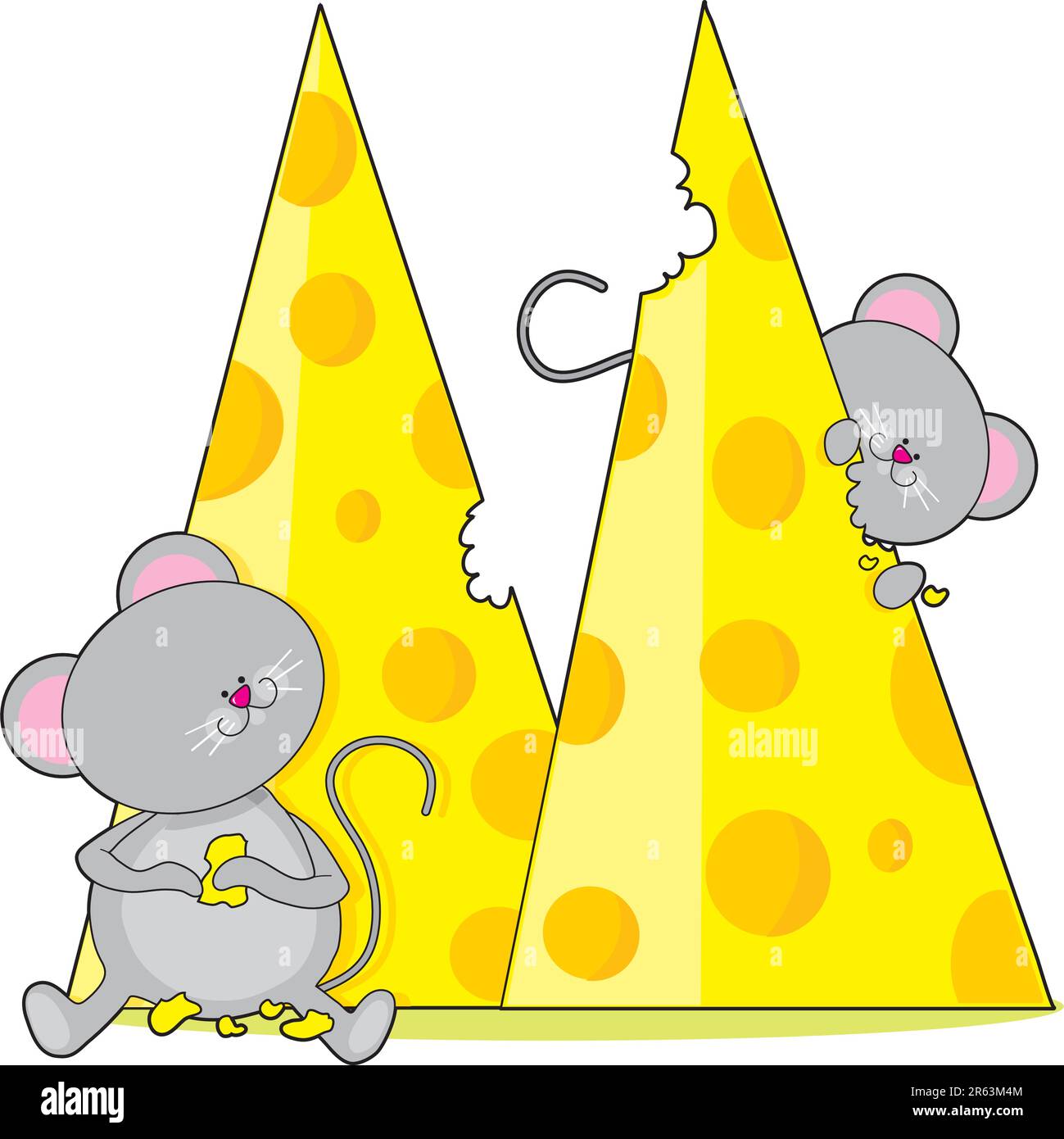 Two mice eating some swiss cheese. The cheese is shaped like the letter