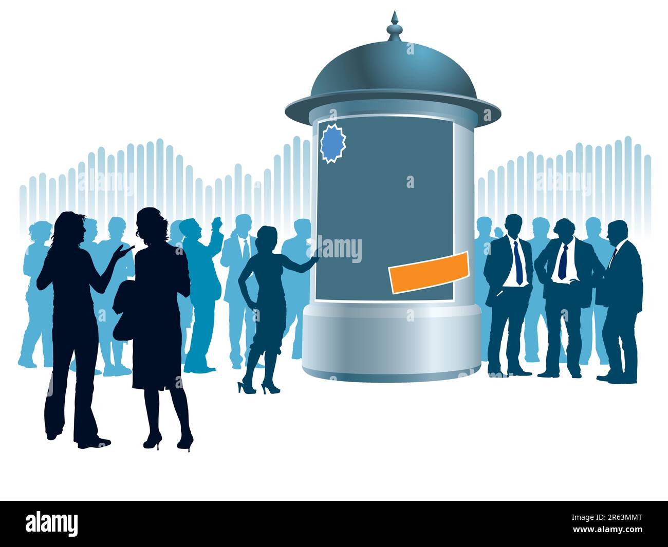 People are standing next to an advertising column, a graph in the background, conceptual business illustration. Stock Vector