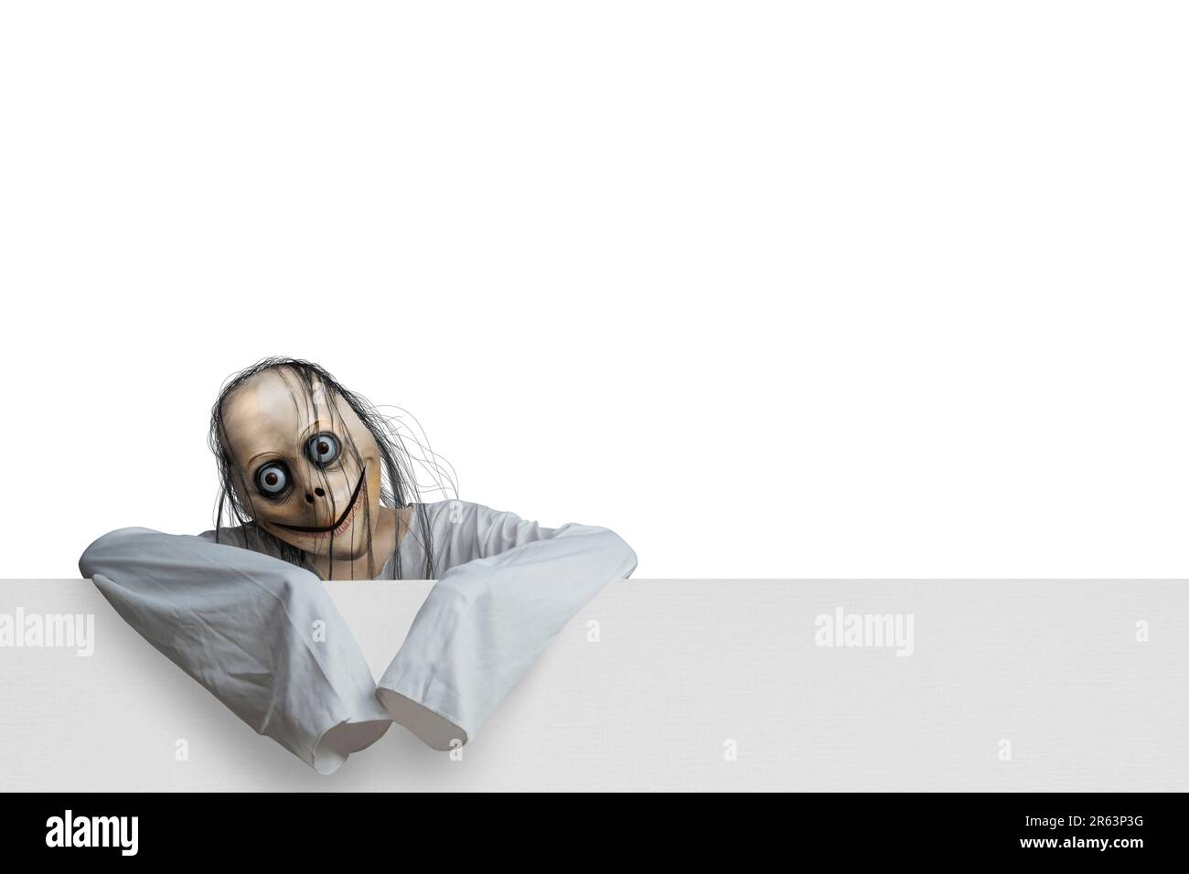 Scary Momo standing behind the wall on white background. Scary face for