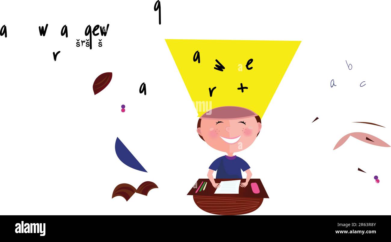 Small girl posing in classroom. She is learning to read - she is study hard and doing homework. Stock Vector