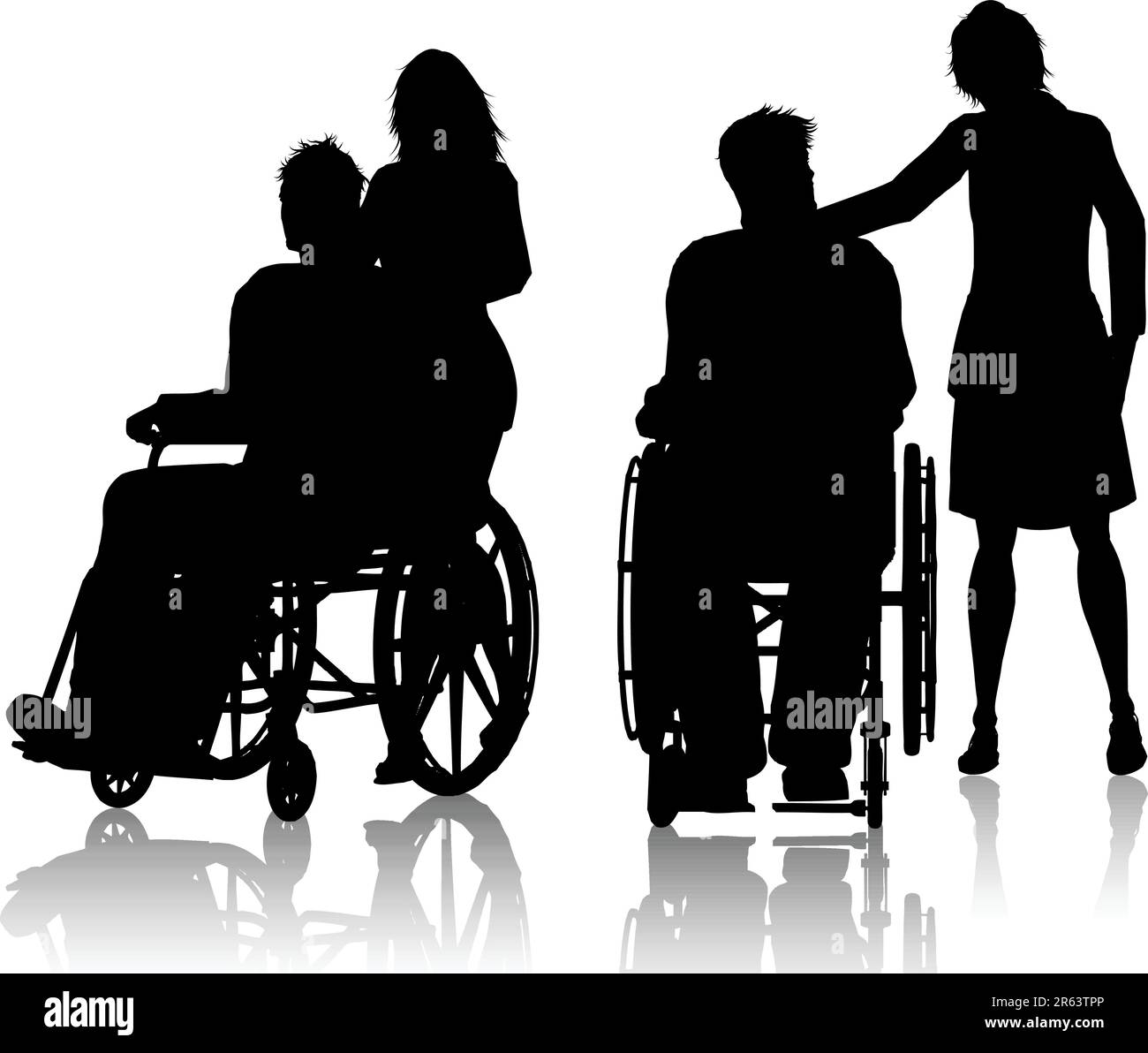 Silhouette of men in wheelchairs with a woman Stock Vector