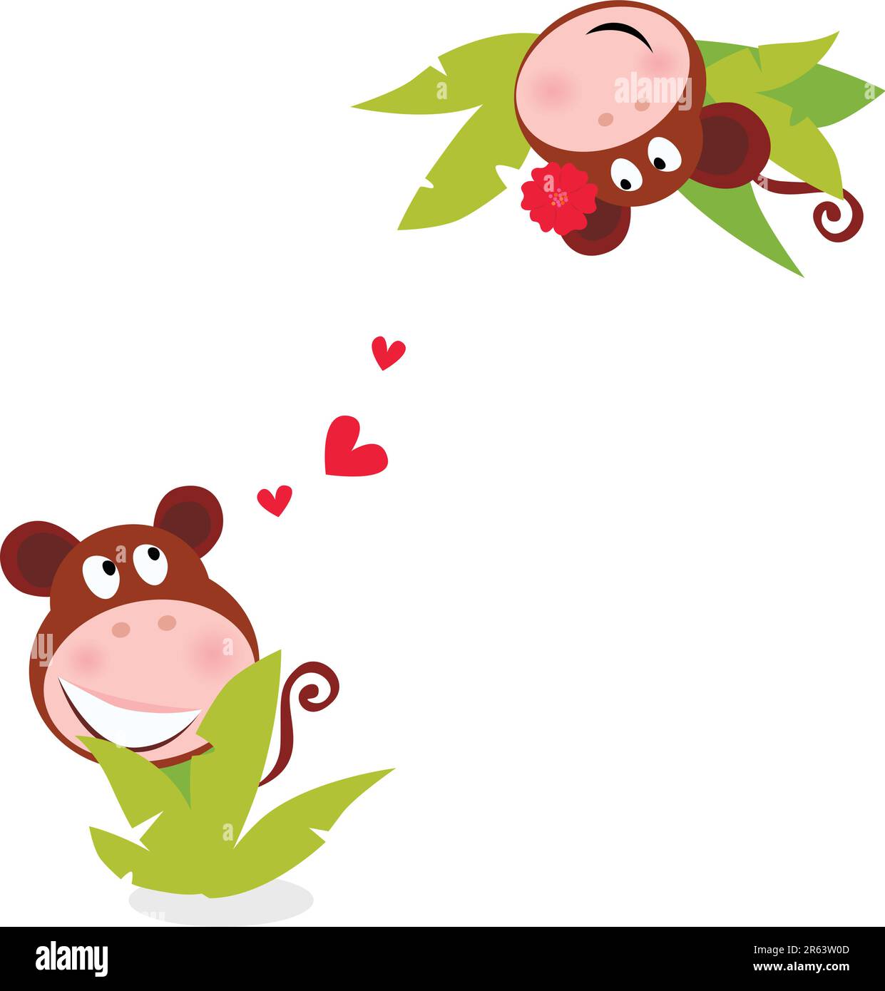 Vector illustration of stylized two monkeys behind green palm leaves in love. Stock Vector