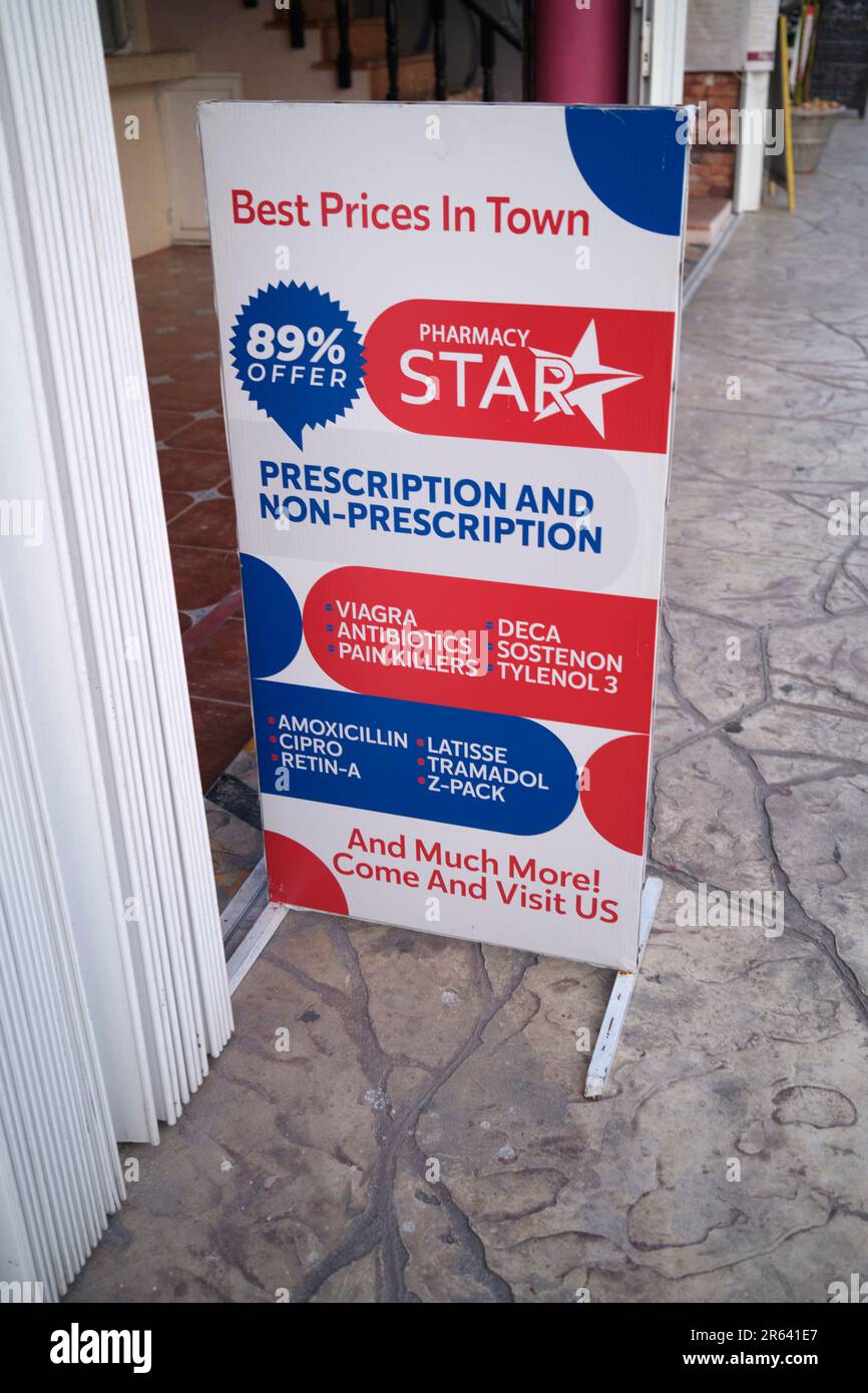Prescription Drugs on sale at pharmacy in Puerto Morales Yucatan Mexico Stock Photo