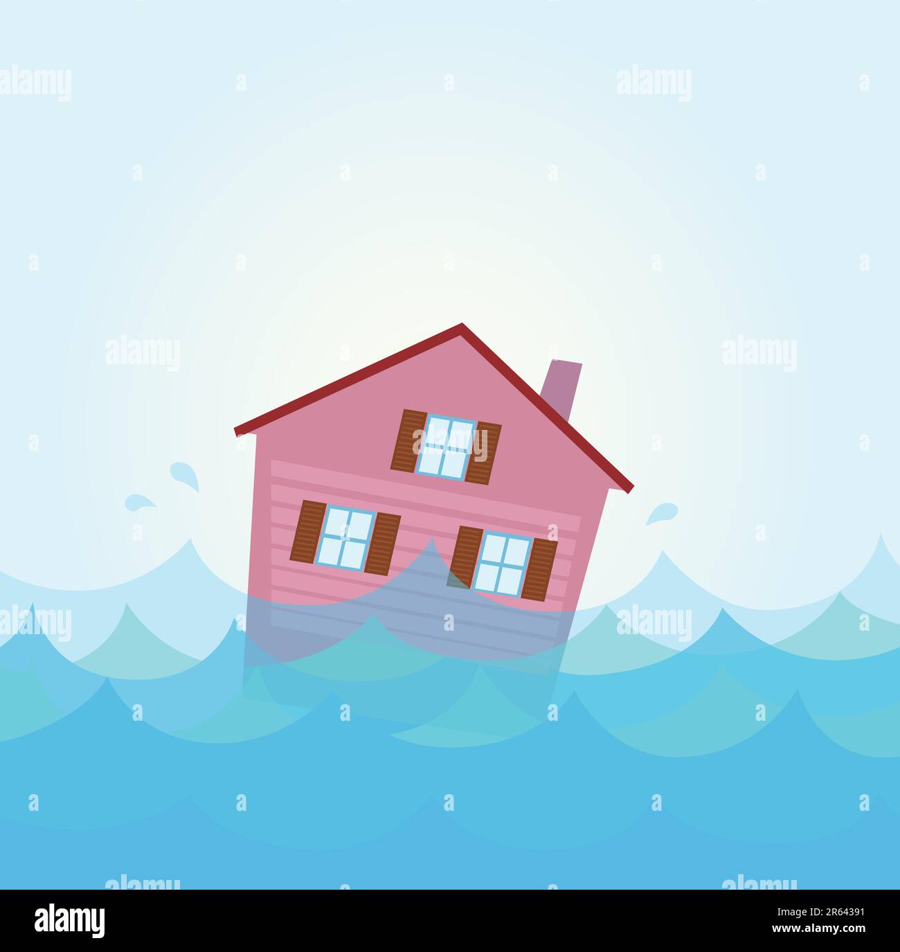 Illustration of house flood. Vector Illustration of sinking house in the river / lake in cartoon style. Stock Vector