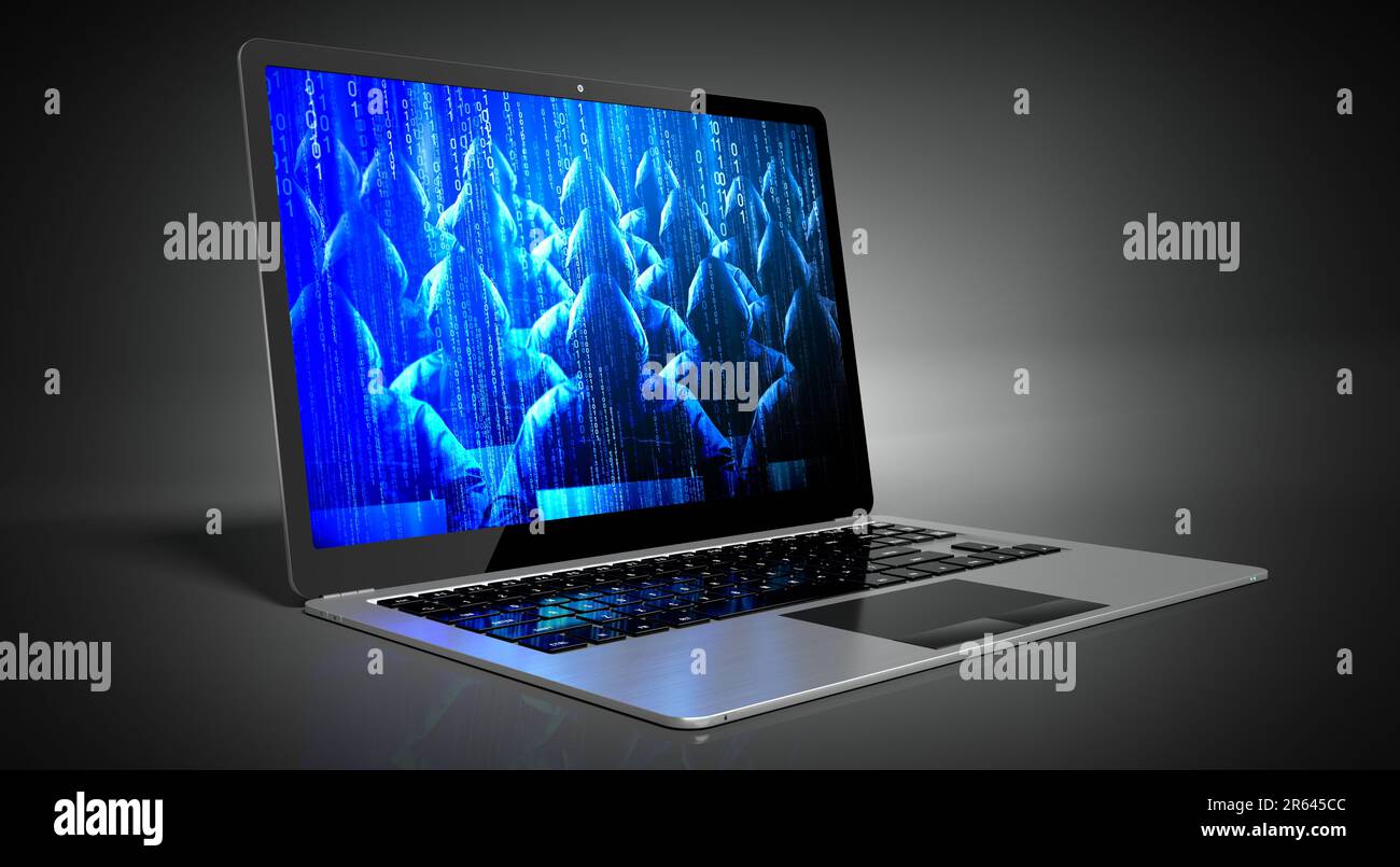 Anonymous hooded hackers on laptop screen - cyber attack concept Stock ...