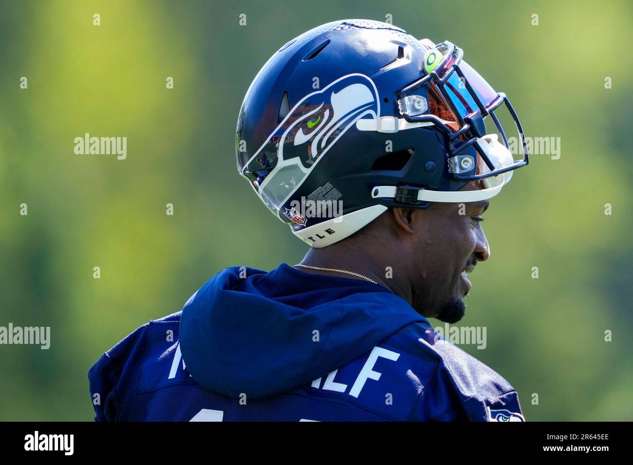 Seattle Seahawks wide receiver DK Metcalf (14) smiles during minicamp ...