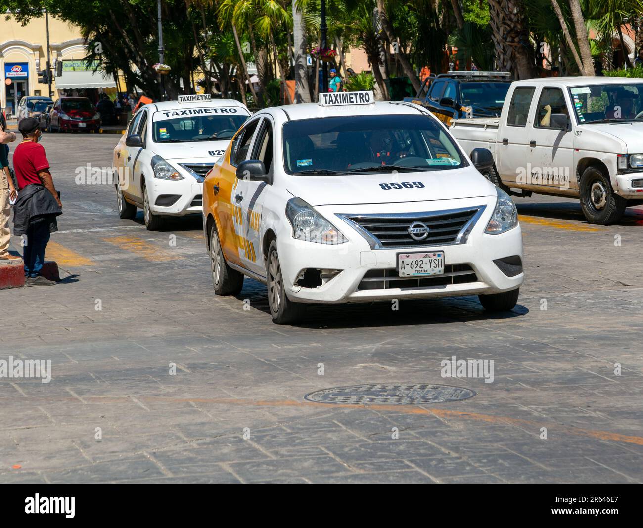 Taximeter metered taxi cars in city centre, Merida, Yucatan State, Mexico Stock Photo