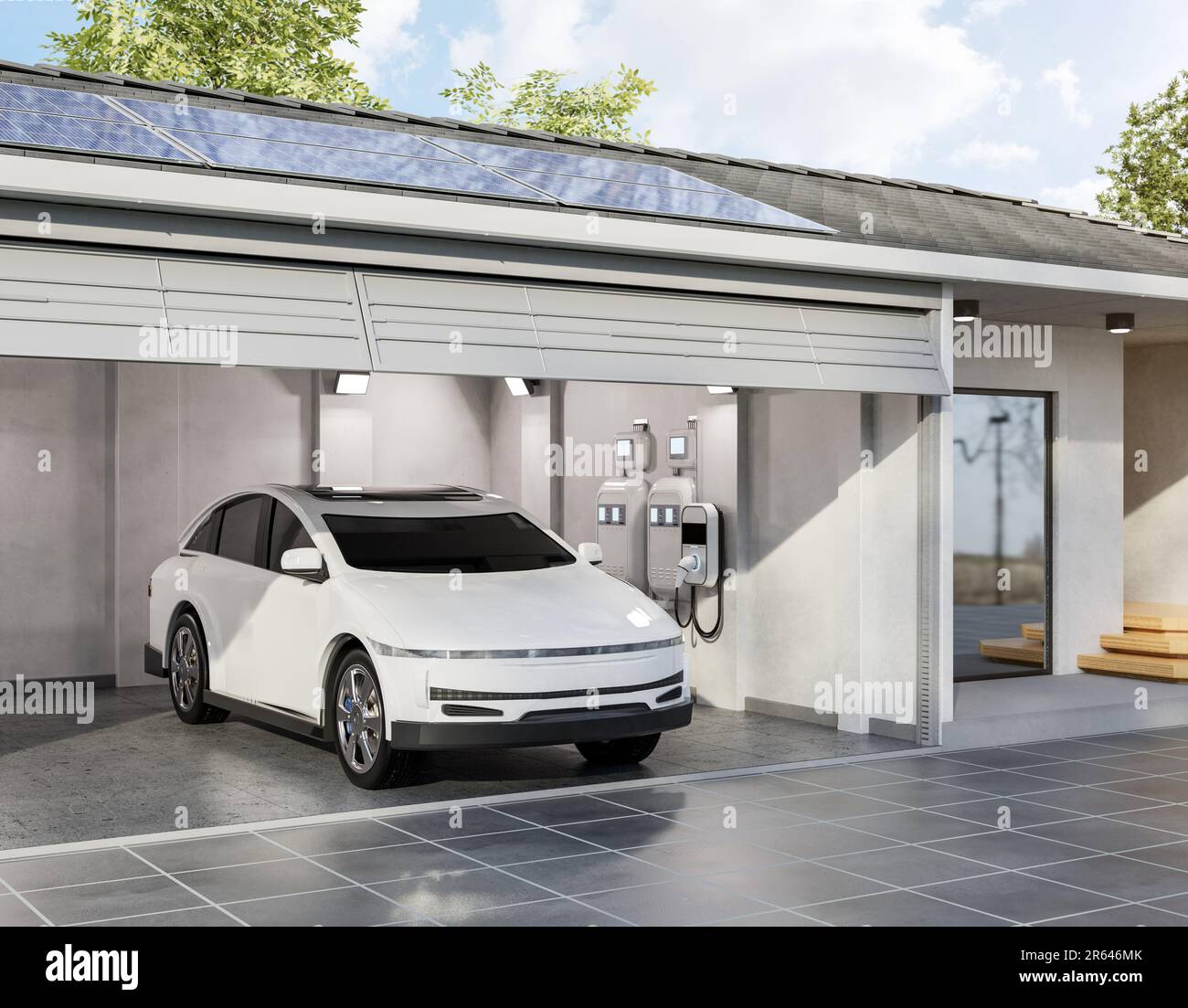 3d rendering solar panel on roof generate electricity for home garage
