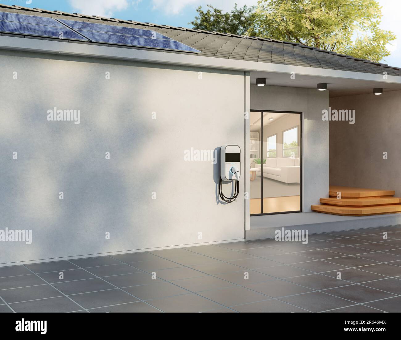 3d rendering solar panel on roof generate electricity for home garage