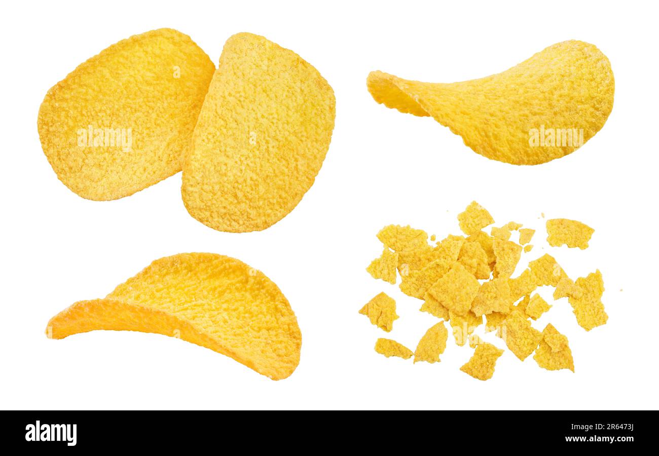 Potato chips isolated on white background with full depth of field