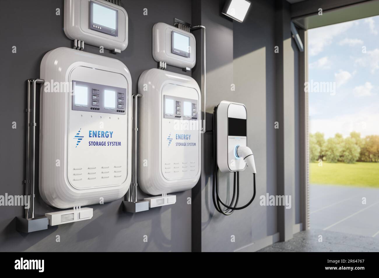 3d rendering ev charger or wall charger at home garage Stock Photo - Alamy