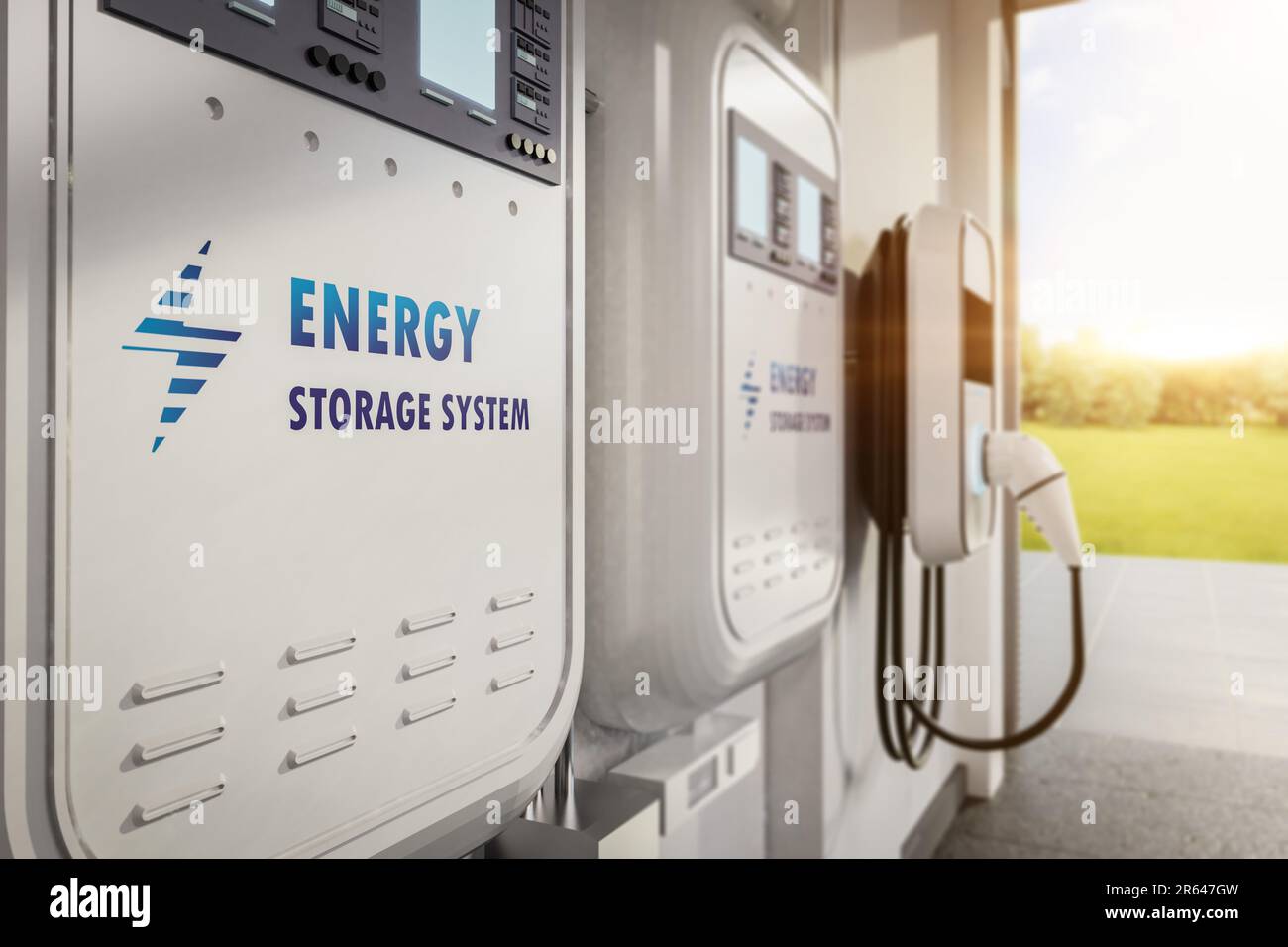3d rendering ev charger or wall charger at home garage Stock Photo - Alamy