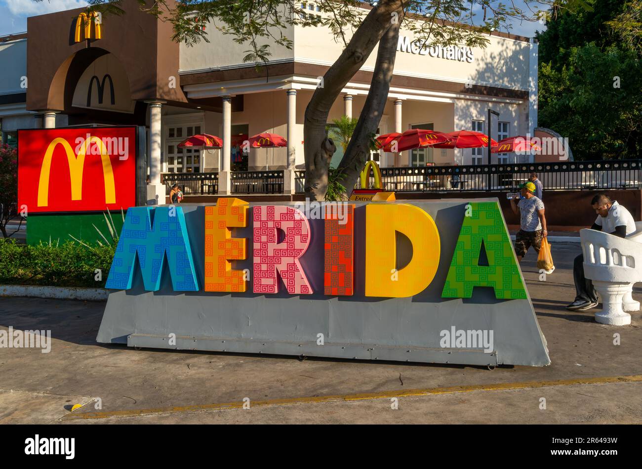 Large letters spell city name outside McDonalds, Paseo de Montejo, Merida, Yucatan State, Mexico Stock Photo
