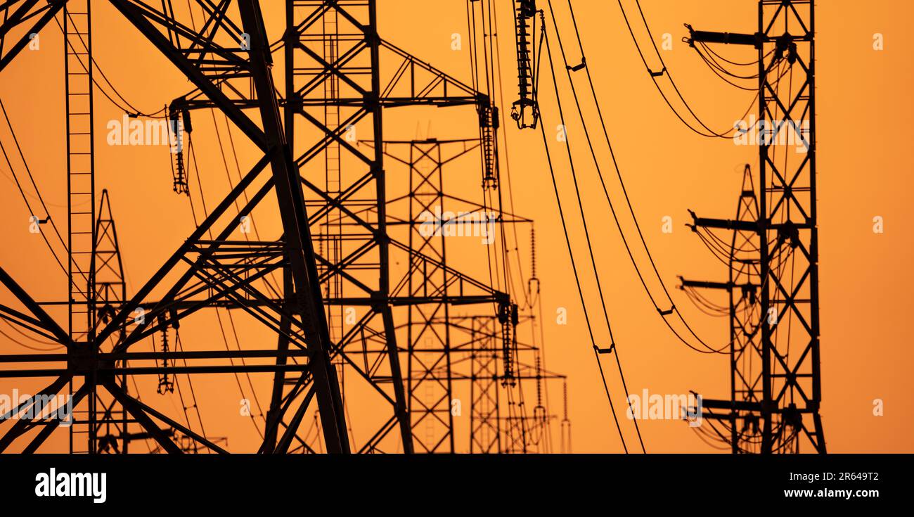 High voltage electric transmission tower. High voltage power lines on