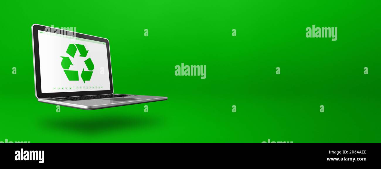 Laptop computer with a recycling symbol on screen. environmental ...