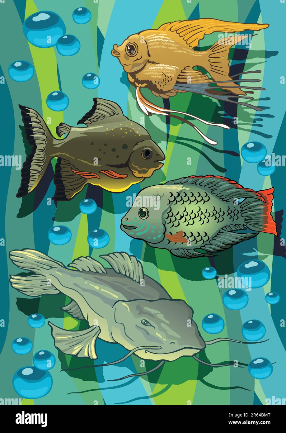 Colour print with amusing aquarian small fishes. Stock Vector