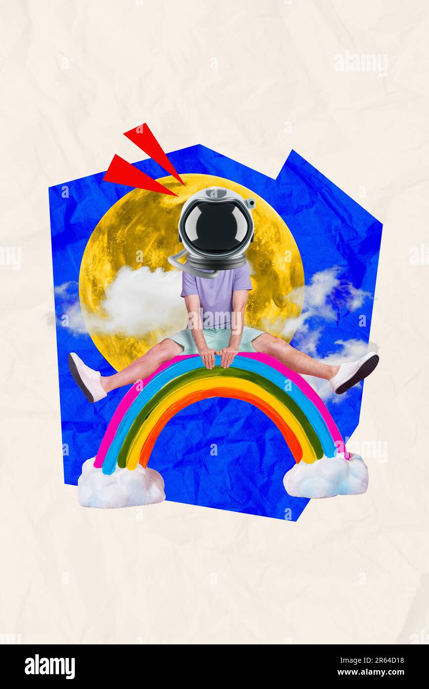 Poster banner collage of weird bizarre person dream about travel outer space wear spacesuit helmet jump over rainbow Stock Photo