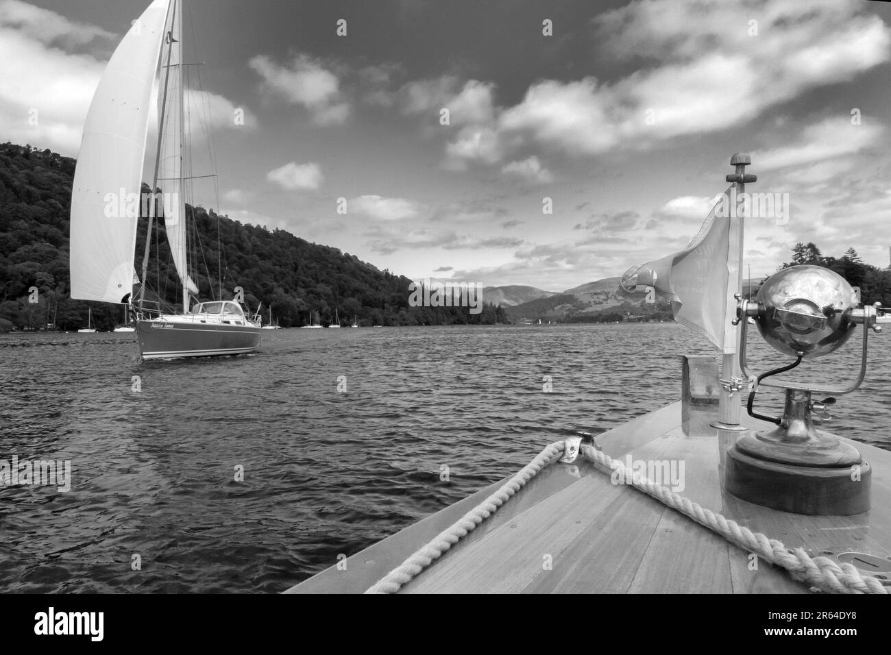 View from the vintage launch Penelope cruising on Lake Windemere in the Lake District UK Stock Photo