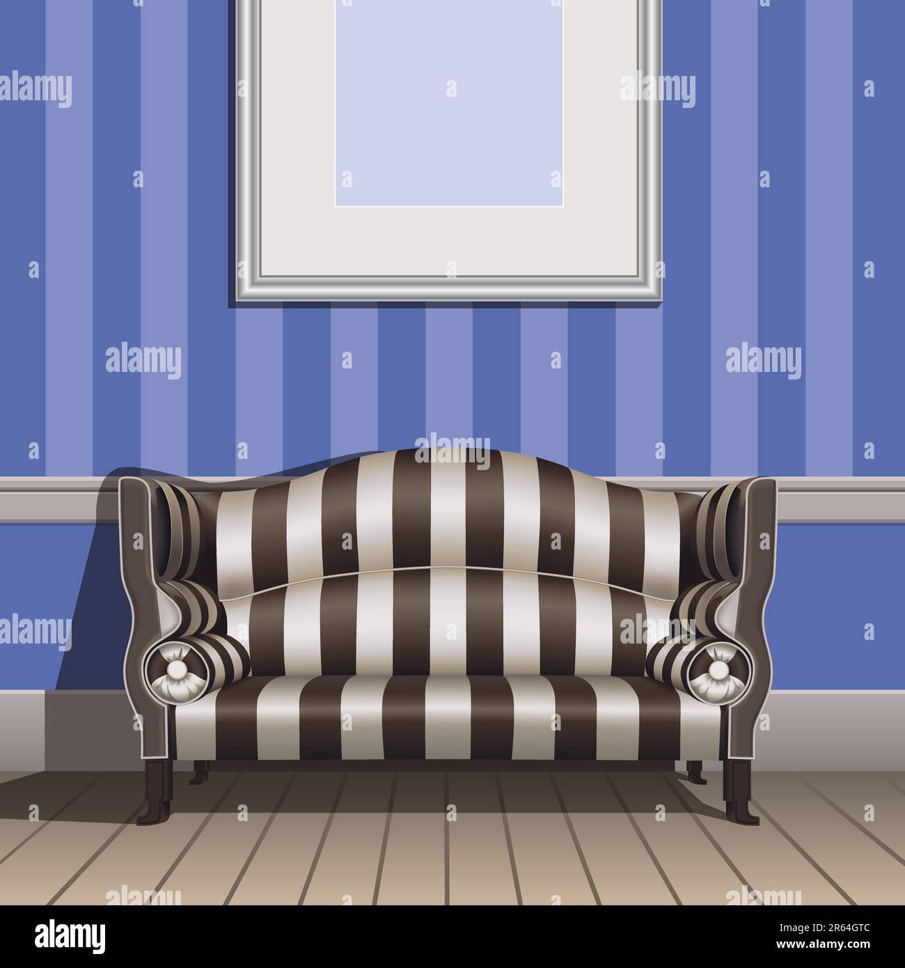 Part of interior with elegant classic sofa.Wall and sofa have striped upholstery.   Interior is in blue-brown-creme colors. Stock Vector