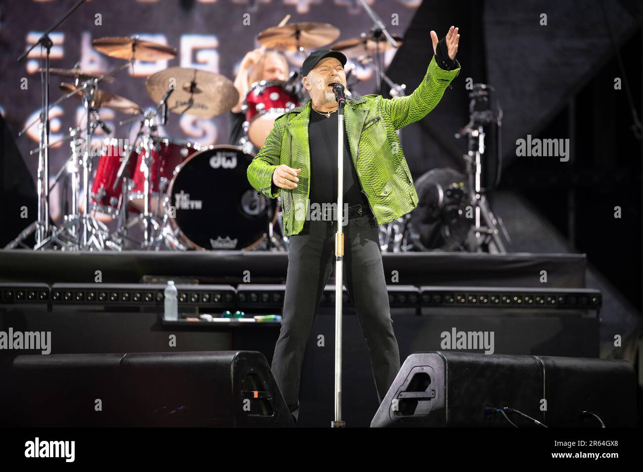 Vasco Rossi performs yesterday for the first gig of the tour 2023 in Bologna at Stadio Renato Dall'ara Stock Photo