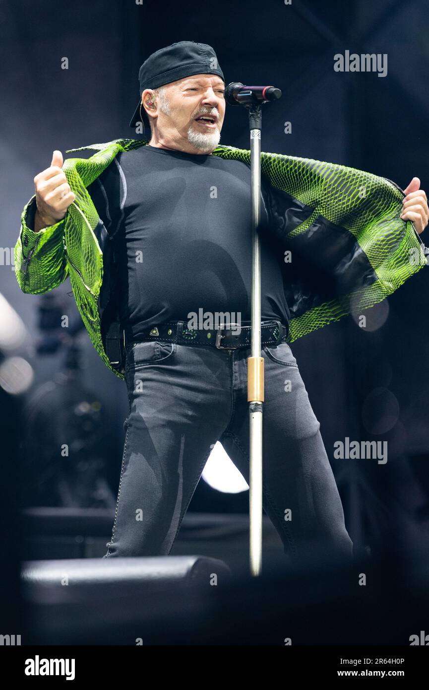 Vasco Rossi performs yesterday for the first gig of the tour 2023 in Bologna at Stadio Renato Dall'ara Stock Photo