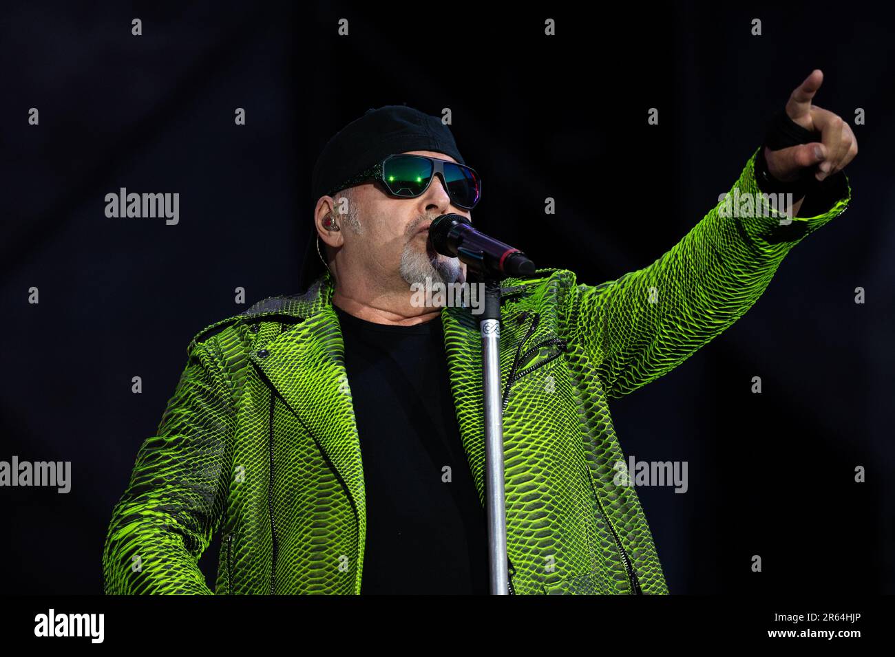 Vasco Rossi performs yesterday for the first gig of the tour 2023 in Bologna at Stadio Renato Dall'ara Stock Photo