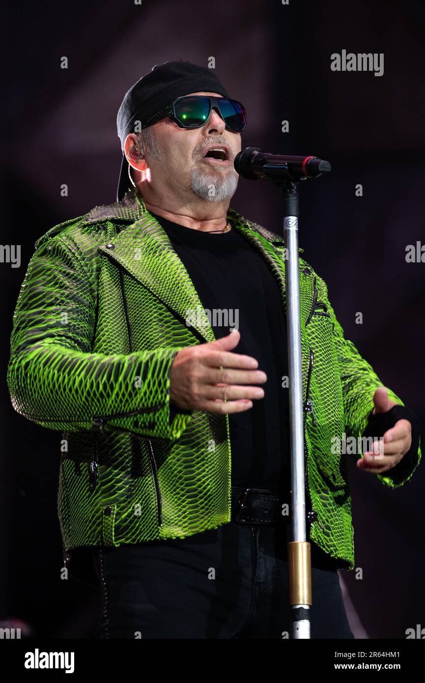 Vasco Rossi performs yesterday for the first gig of the tour 2023 in Bologna at Stadio Renato