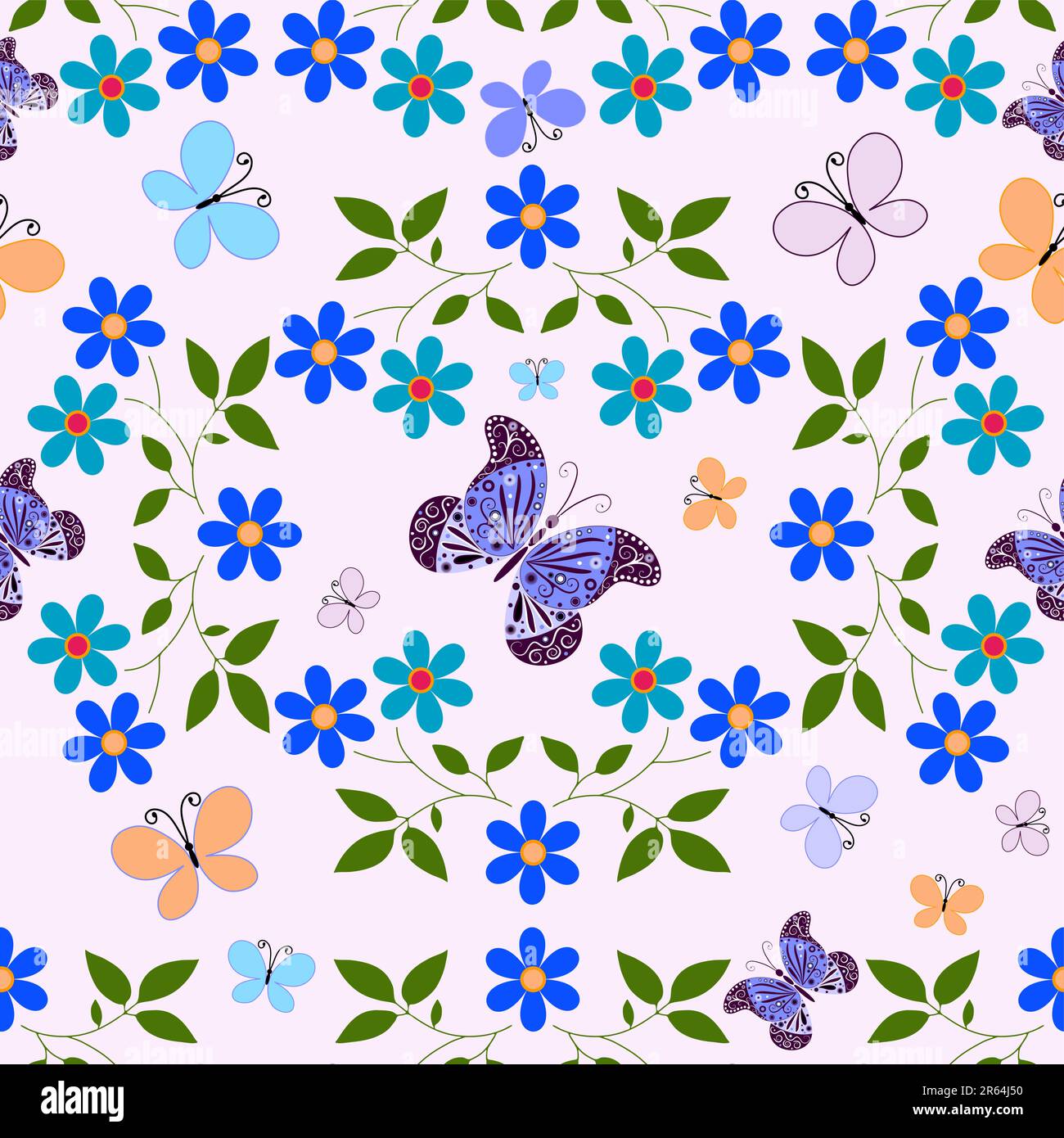 Seamless floral pink pattern with blue flowers and butterflies (vector ...