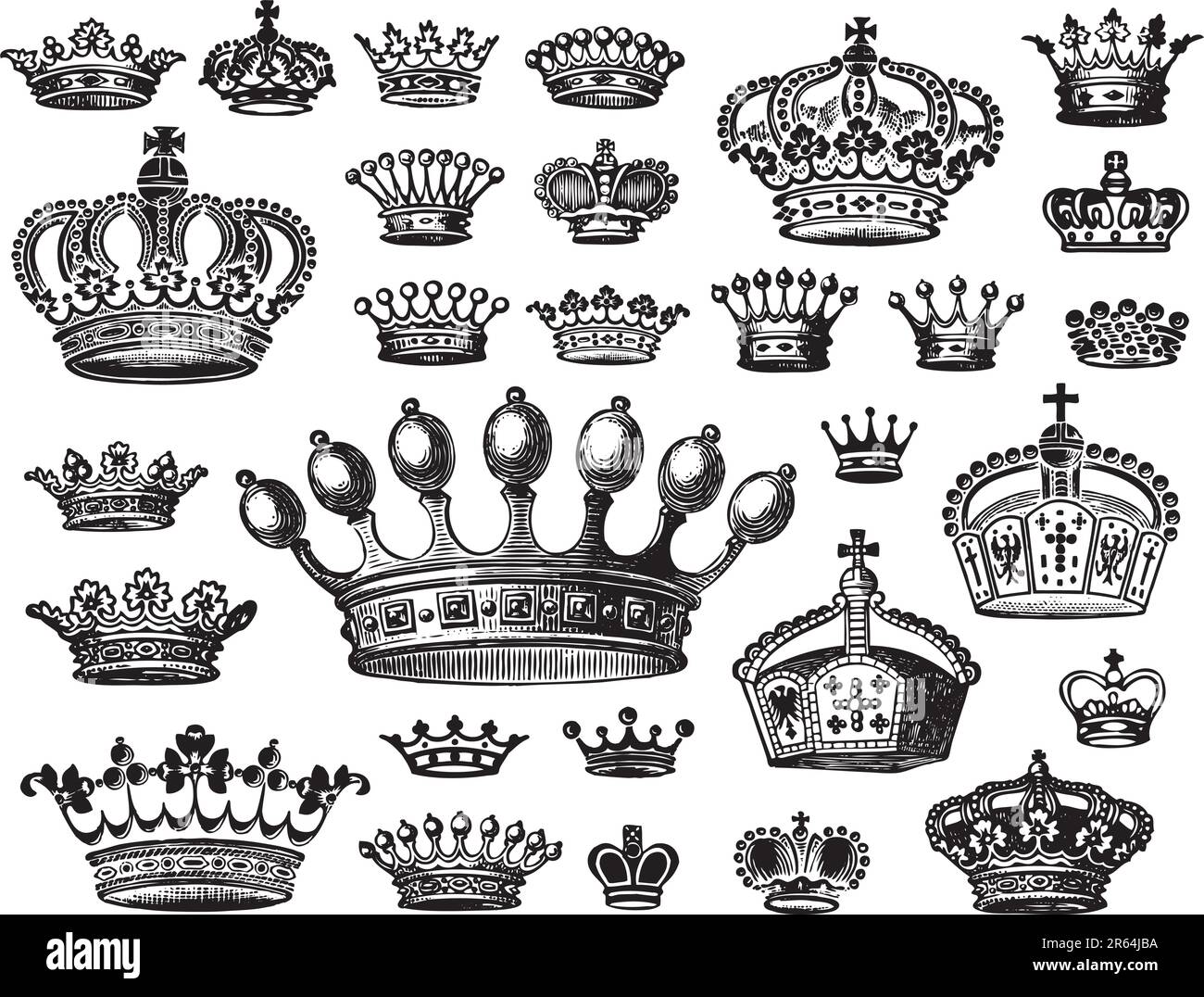 set of antique crowns engravings; scalable and editable vector illustrations Stock Vector