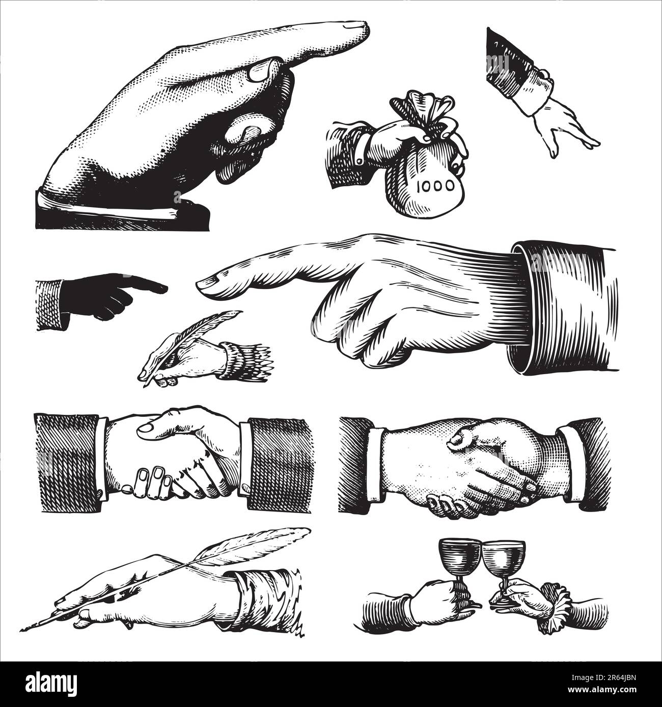 set of antique hands engravings; scalable and editable vector illustrations Stock Vector