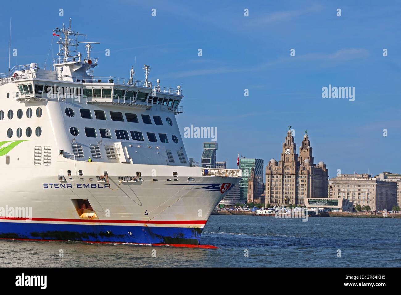 Stena Embla ferry to Belfast on the Liverpool waterfront panorama from Woodside, Birkenhead, Wirral, Merseyside, England, UK, CH41 6DU Stock Photo