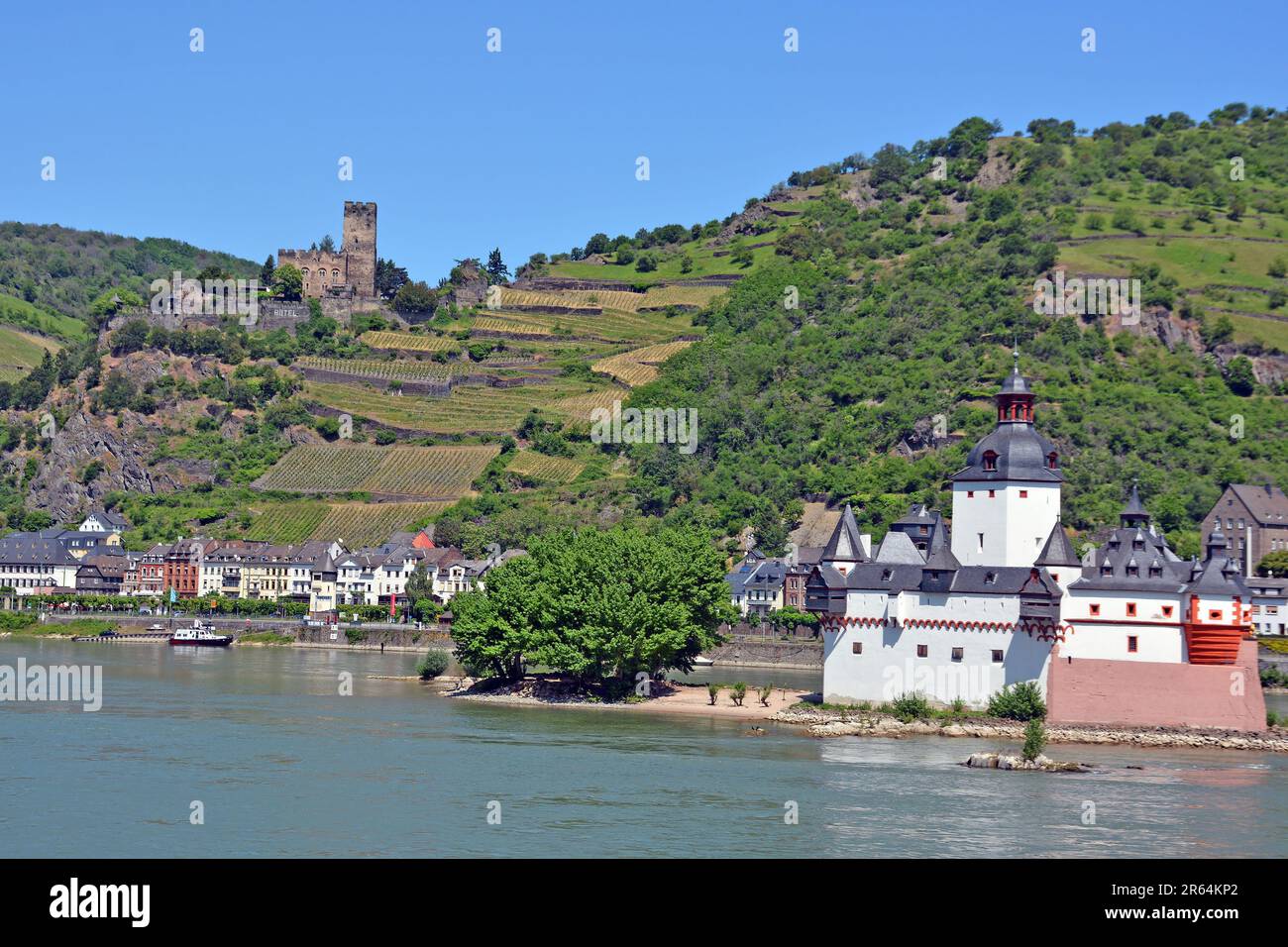 Kaub city with famous Burg Pfalzgrafenstein along Rhine river , Germany Stock Photo