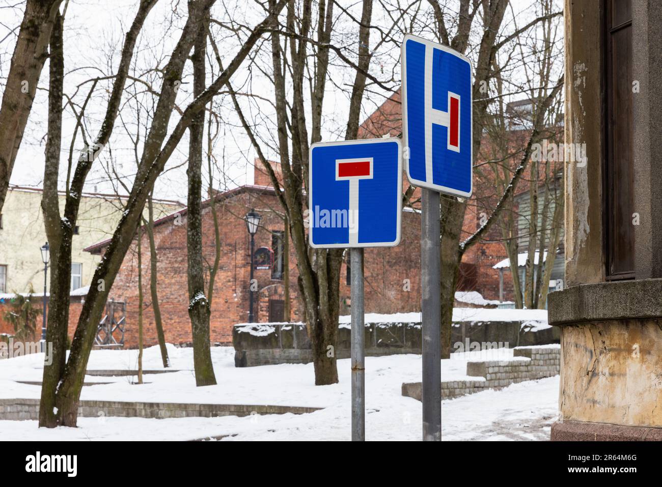 Dead end, street road signs on a winter day Stock Photo