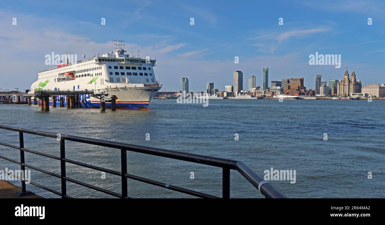 Stena Line Embla Belfast ferry, on Liverpool waterfront panorama from Woodside, Birkenhead, Wirral, Merseyside, England, UK, CH41 6DU Stock Photo