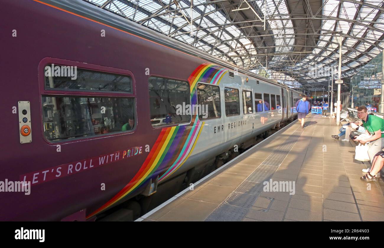 EMR Regional carriage, with roll with pride, rainbow livery, for Pride, at Lime Street station, Liverpool, Merseyside, England, UK, L1 1JD Stock Photo