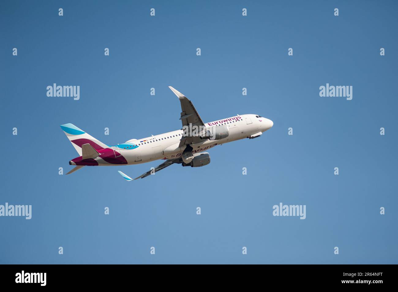 04.06.2023, Berlin, Germany, Europe - A Eurowings Airbus A320-200 passenger aircraft takes off from Berlin Brandenburg Airport BER. Stock Photo