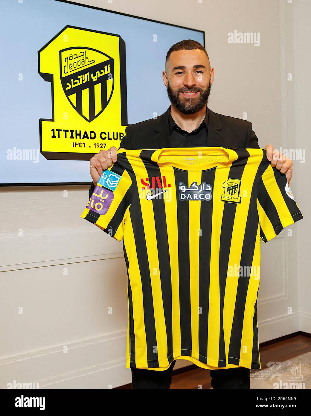 Madrid, Spain. 07th June, 2023. French football player Karim Benzema poses  with club jersey after a signature ceremony in Madrid, Spain, on June 6,  2023. Al-Ittihad club announced a 3-year deal with