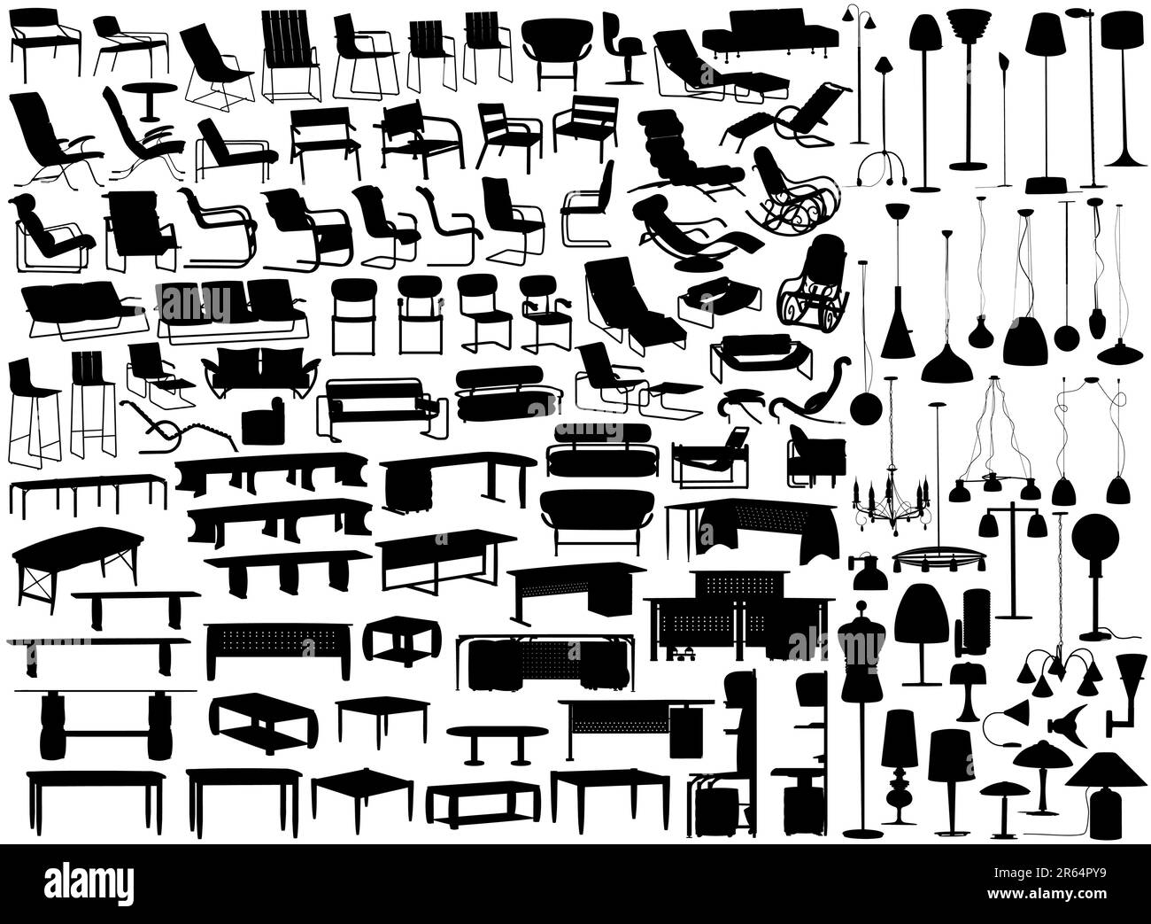 Collection of editable vector furniture and light fixture silhouettes Stock Vector