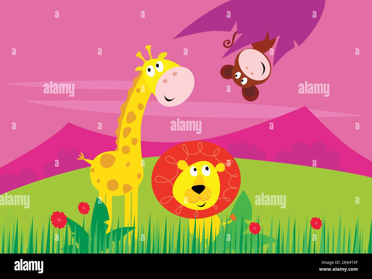 Cute jungle animals - yellow giraffe, funny tigger and little monkey behind palm leaf. Background with mountains and grass in behind animals. Vecto... Stock Vector