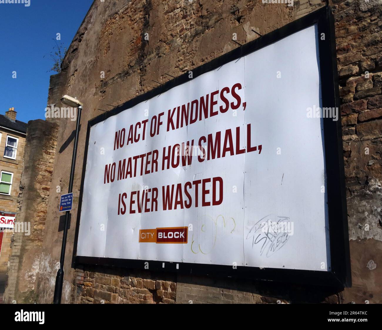 Poster in Lancaster city centre - Aesop - no act of kindness,no matter how small, is ever wasted - Chapel St,Lancaster,Lancashire, England,UK,LA1 1NZ Stock Photo