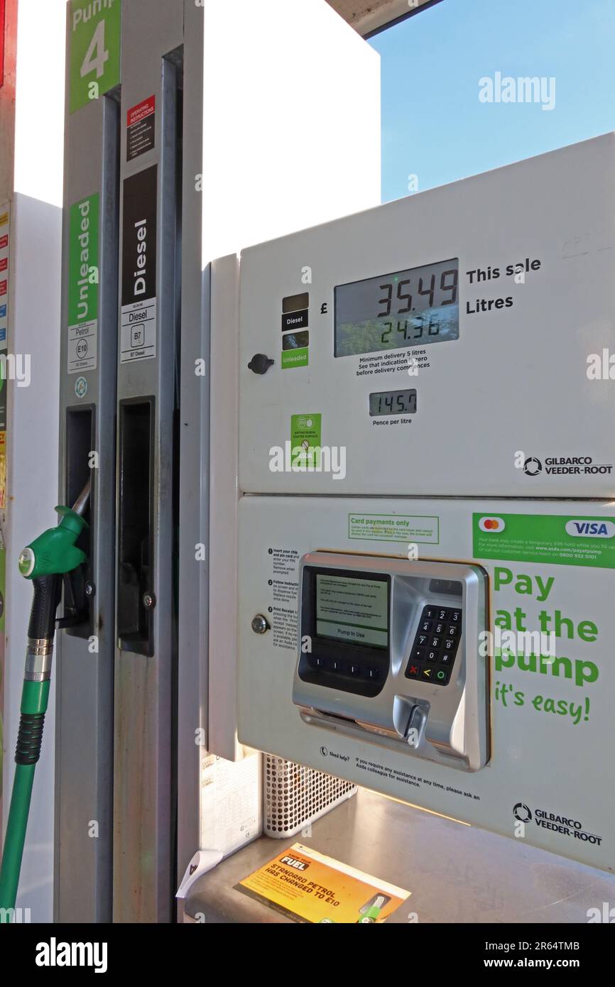 Asda supermarket, pay at the pump only, its easy, card payments only, Gilbarco Veeder-Root, at Lancaster, Lancashire, England, UK, Stock Photo