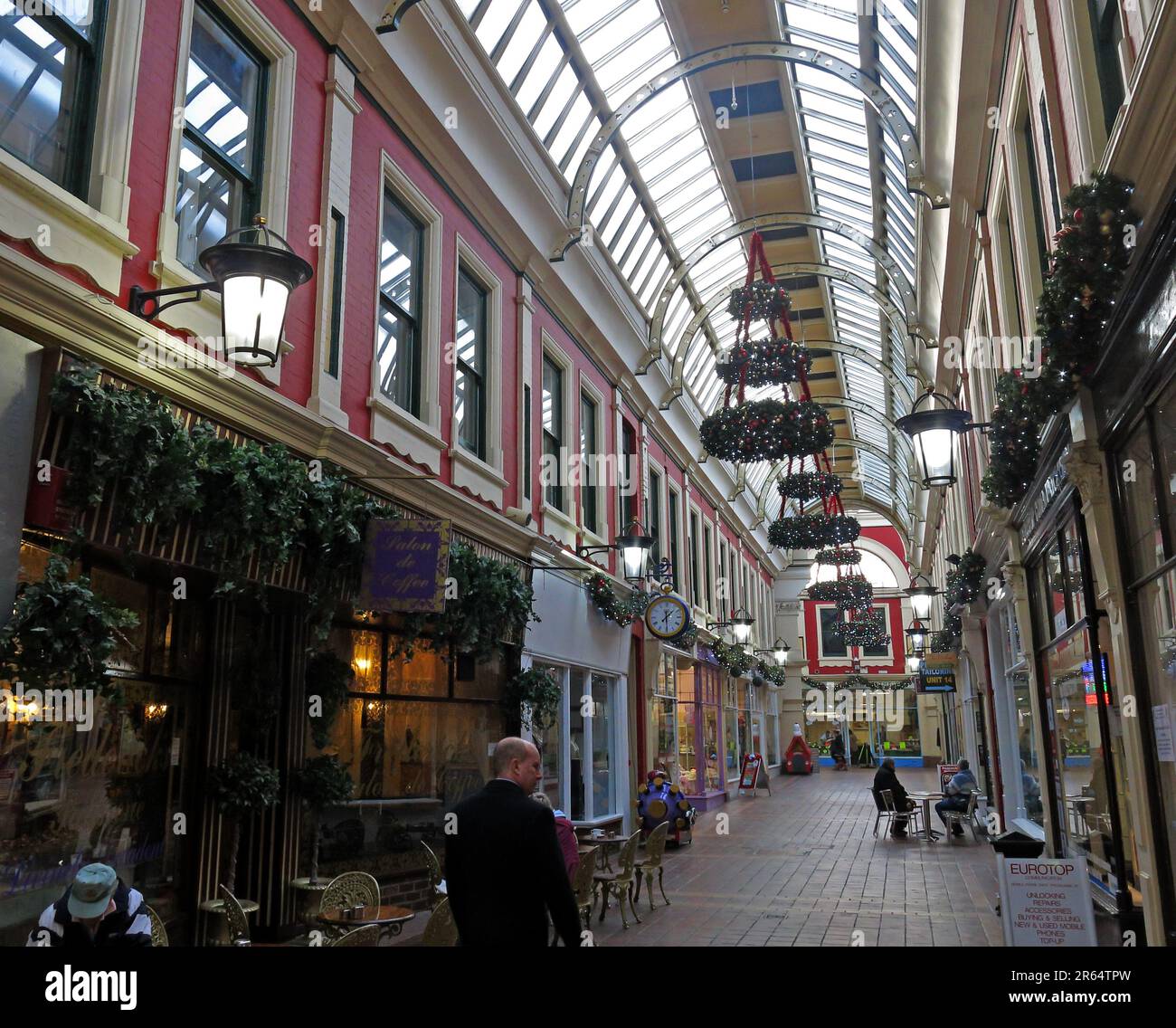 The Victorian Arcade shops & barrel-vaulted glass roof, Walsall , Black Country, West Midlands, England, UK, WS1 1RE Stock Photo