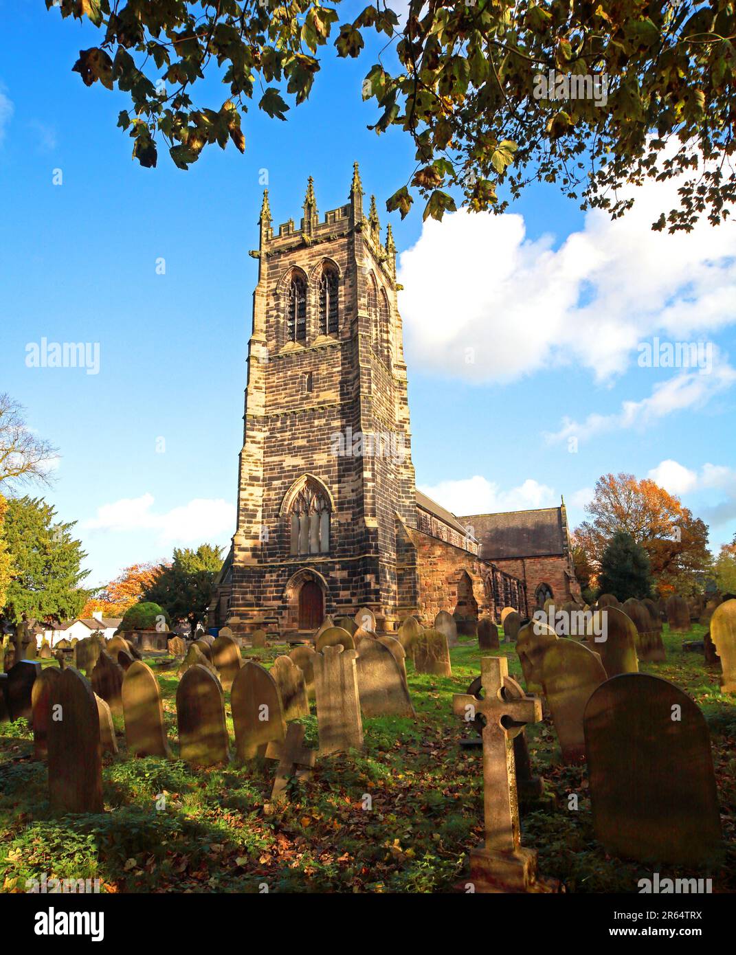 St Marys church yard, 46 Rectory Lane, in autumn, Lymm, Warrington, Cheshire, England, UK, WA13 0AL Stock Photo